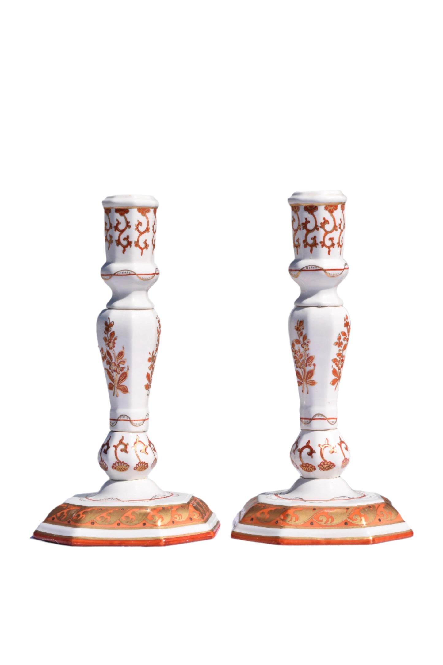 Pair of Italian Porcelain Candlesticks, Iron-Red and Gilt