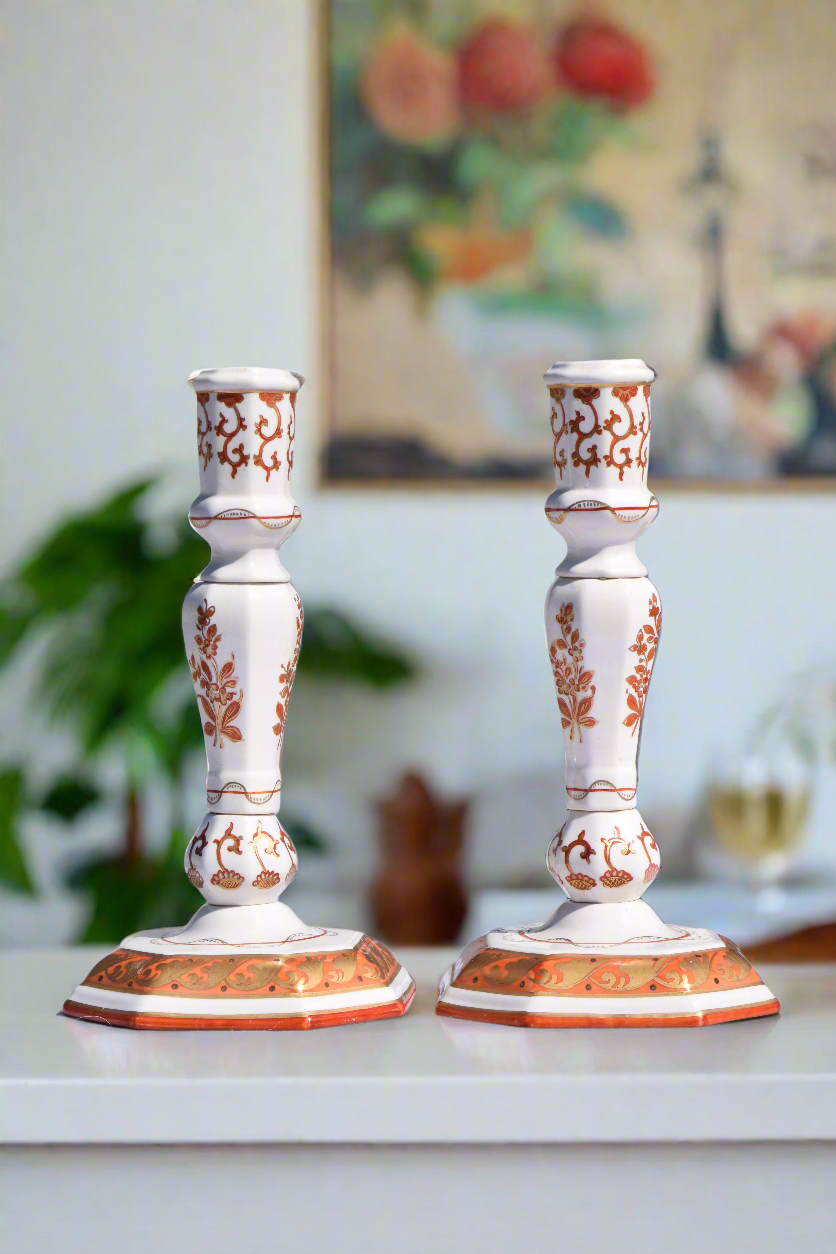 Pair of Italian Porcelain Candlesticks, Iron-Red and Gilt
