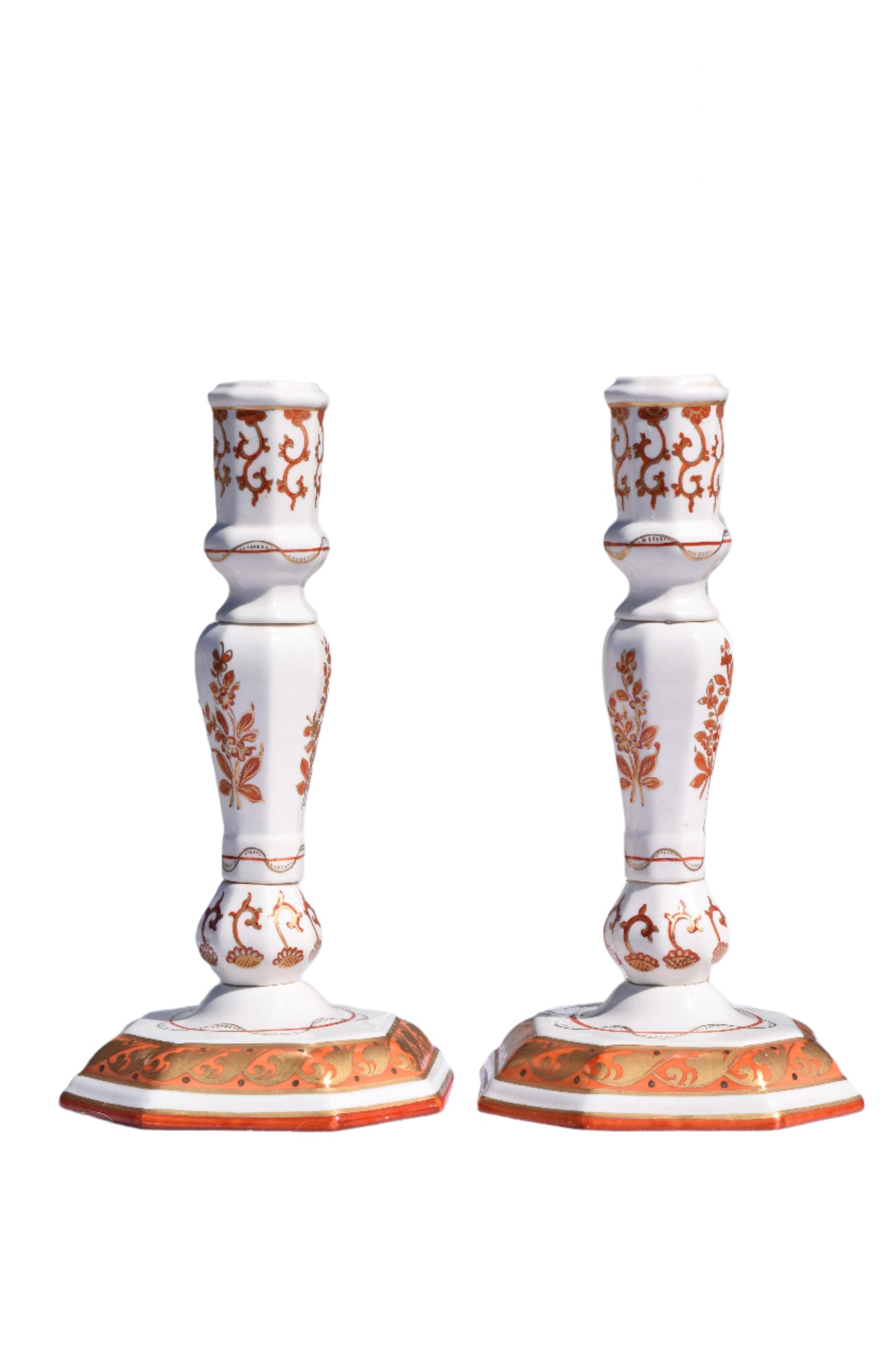 Pair of Italian Porcelain Candlesticks, Iron-Red and Gilt