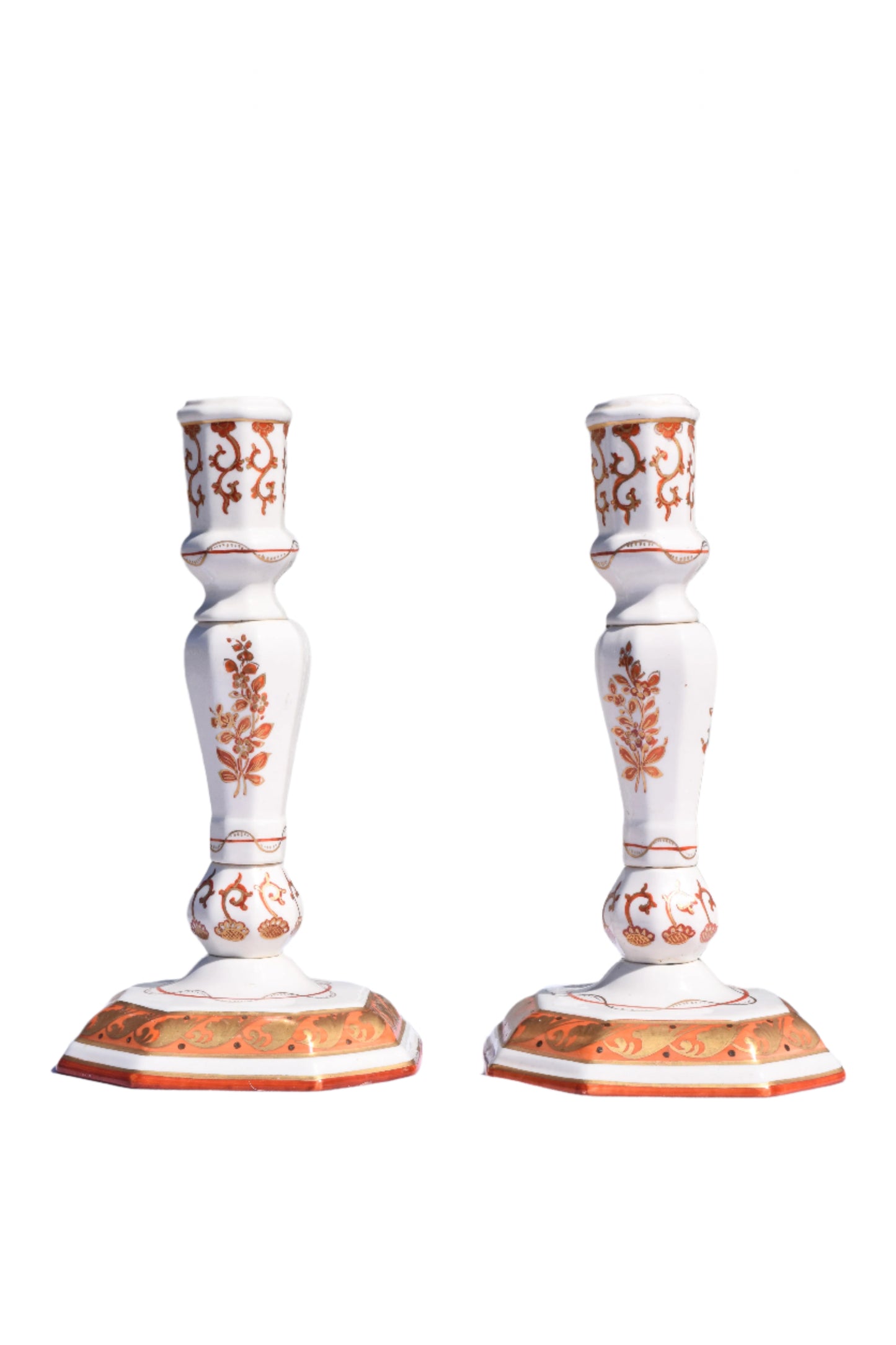Pair of Italian Porcelain Candlesticks, Iron-Red and Gilt