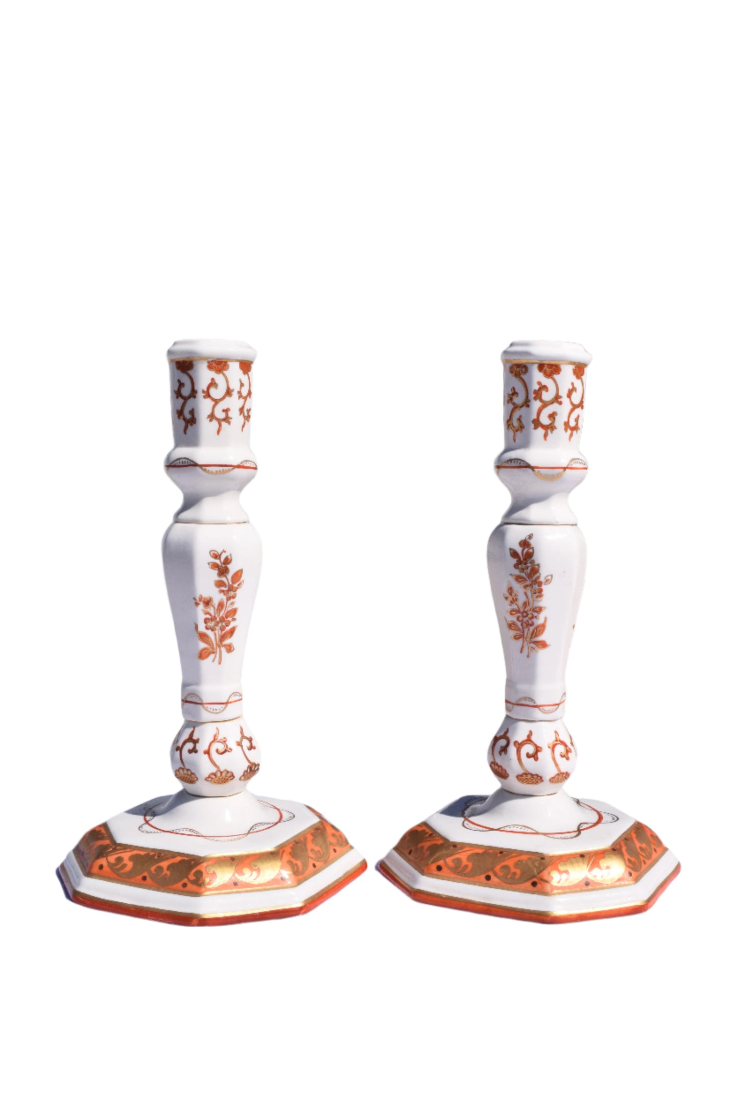 Pair of Italian Porcelain Candlesticks, Iron-Red and Gilt