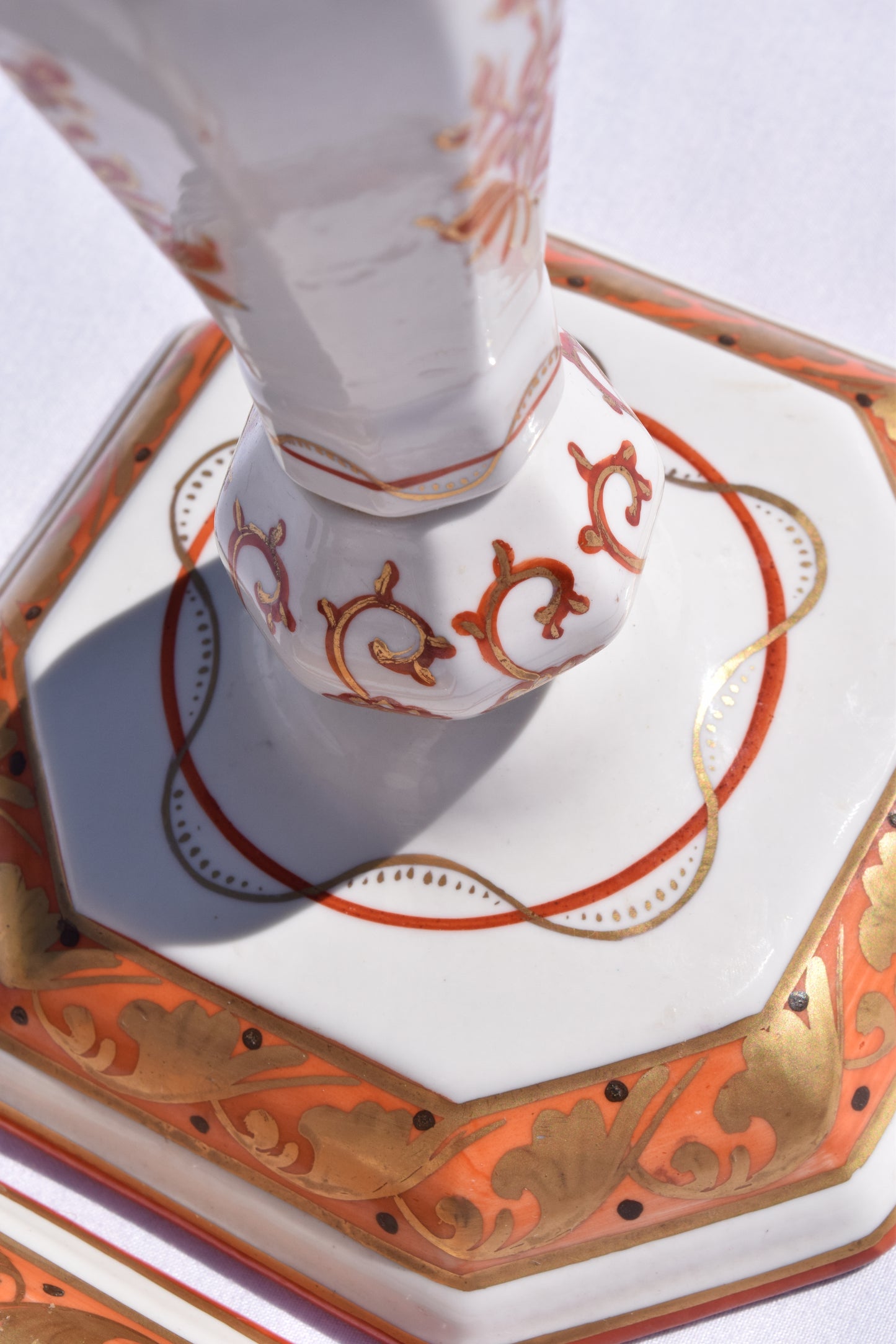 Pair of Italian Porcelain Candlesticks, Iron-Red and Gilt