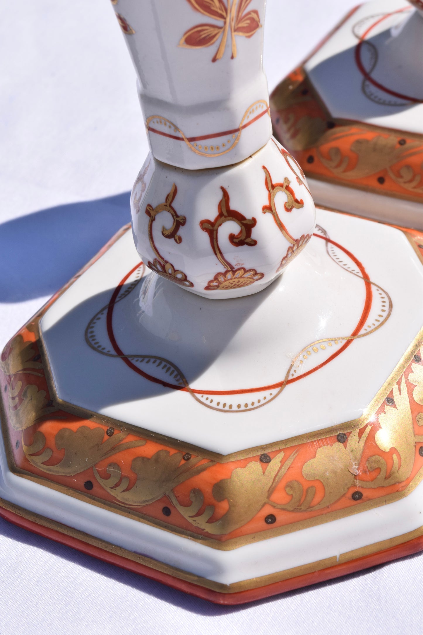 Pair of Italian Porcelain Candlesticks, Iron-Red and Gilt