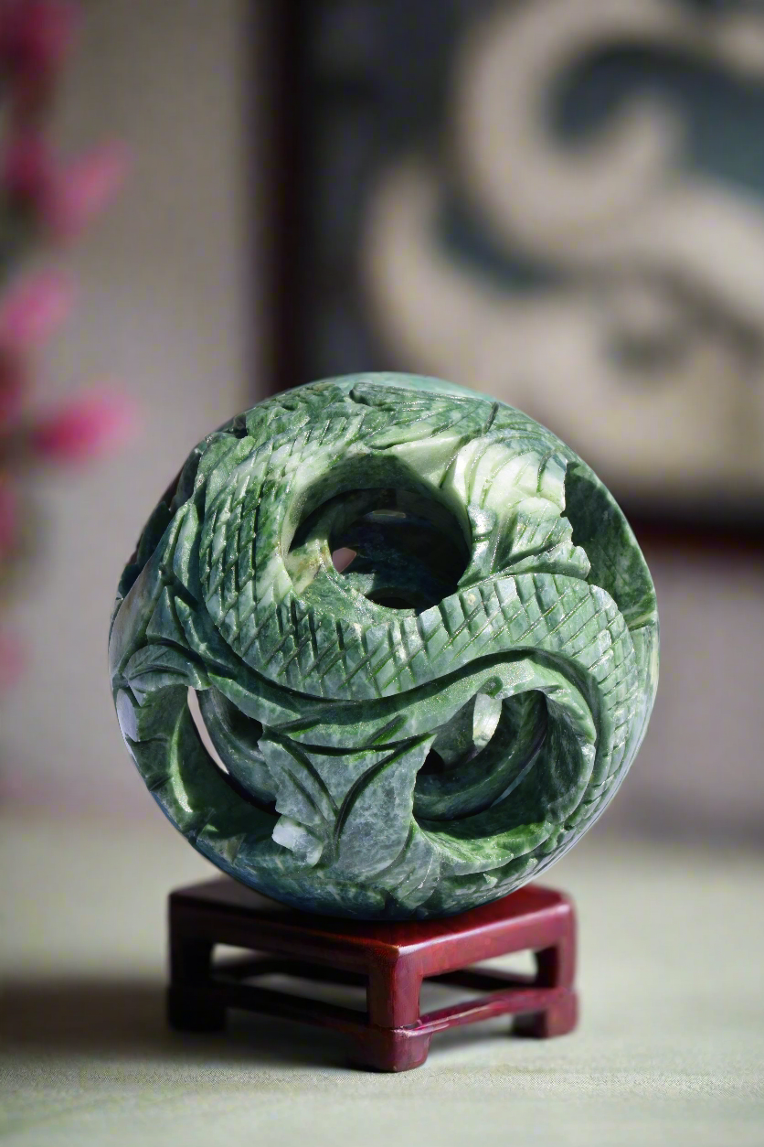 Chinese Carved Jade Dragon Puzzle Ball