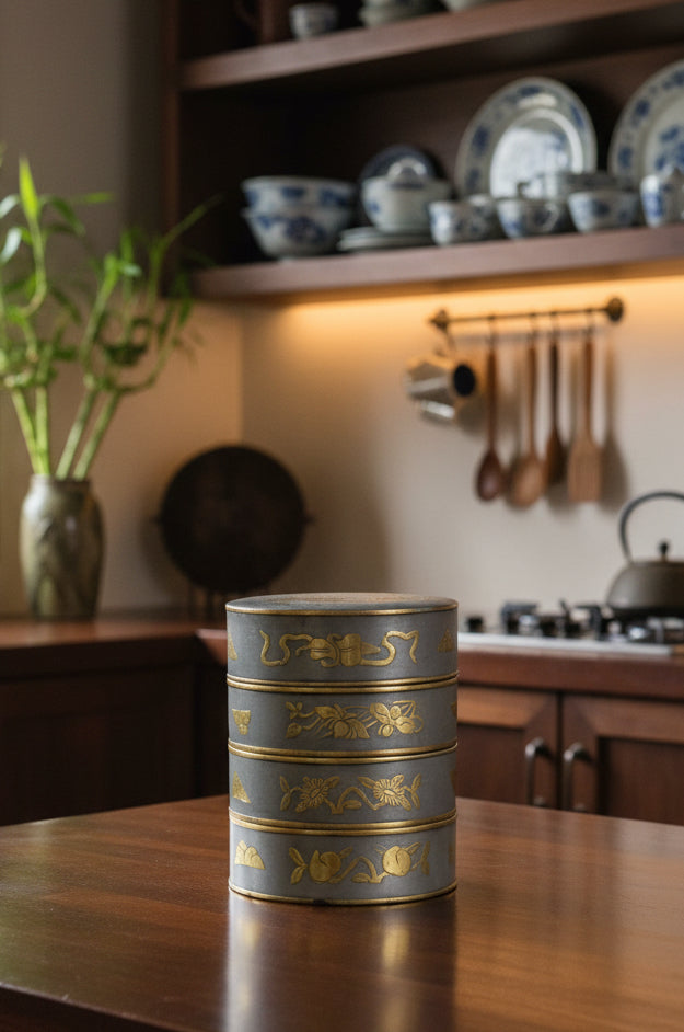 Chinese Pewter Four-Tier Stacking Sweetmeat Box