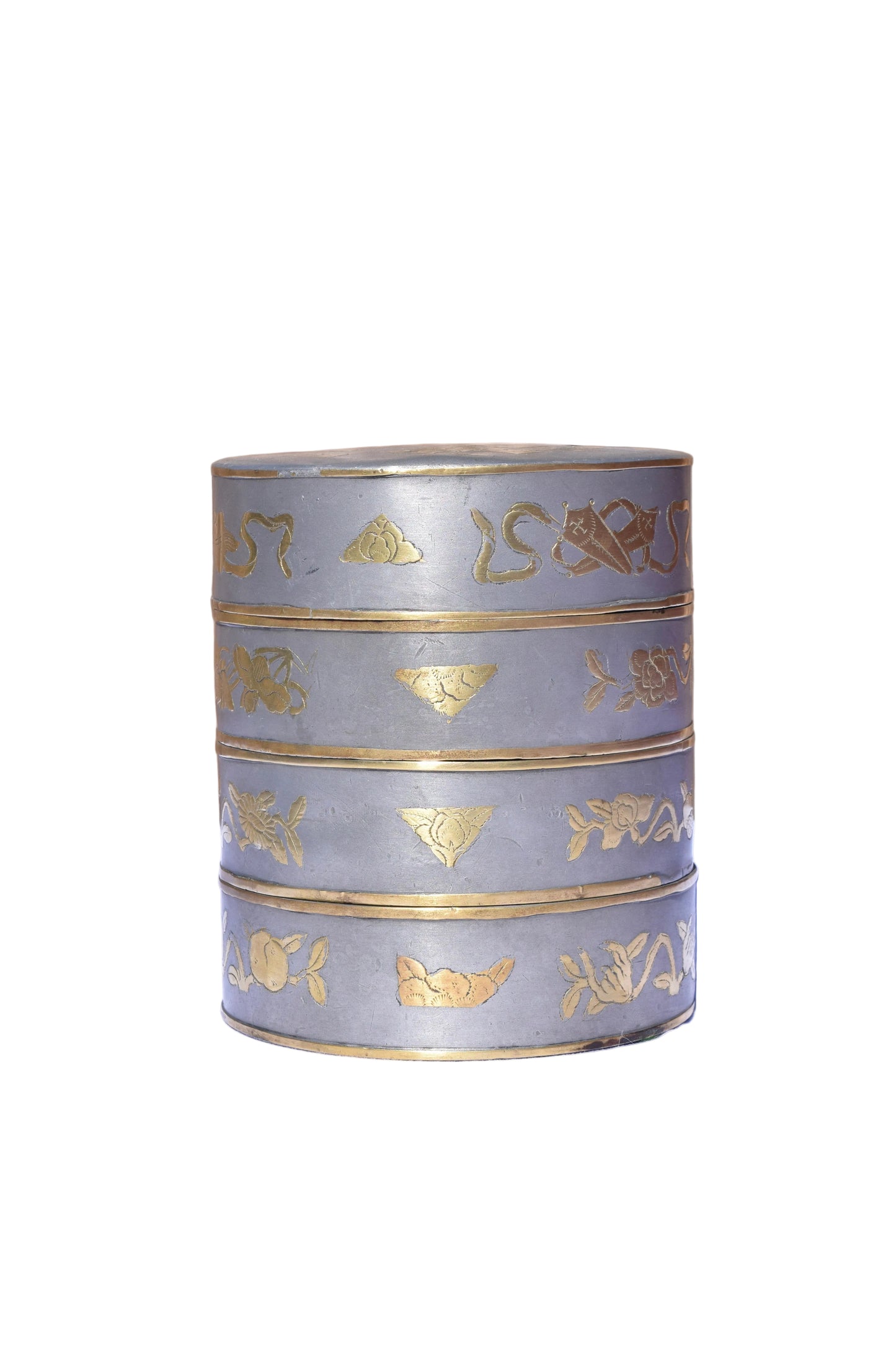 Chinese Pewter Four-Tier Stacking Sweetmeat Box