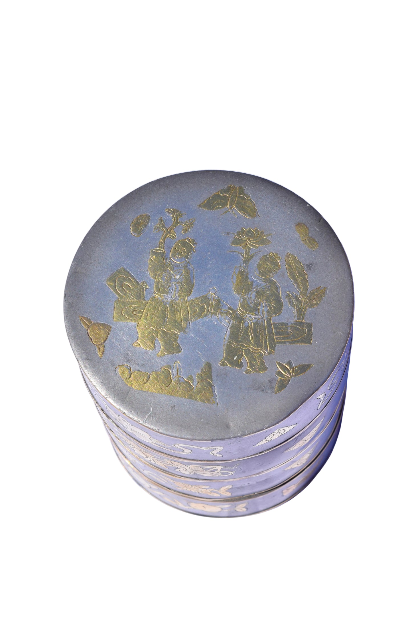 Chinese Pewter Four-Tier Stacking Sweetmeat Box