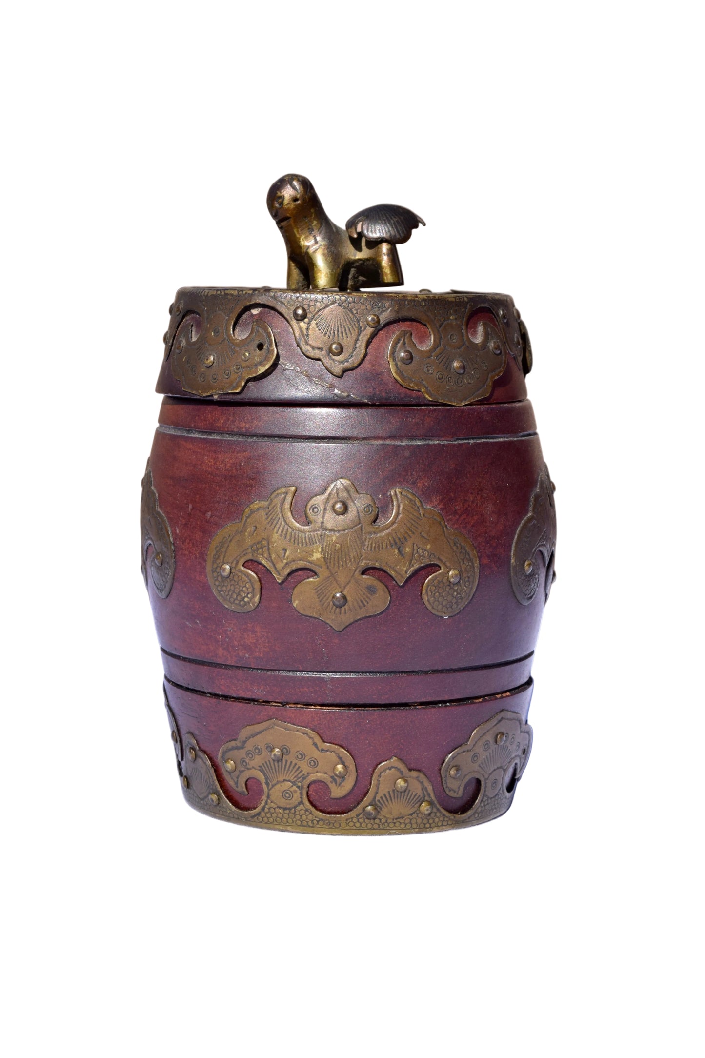 Chinese Mahogany Barrel Box with Brass Mounts