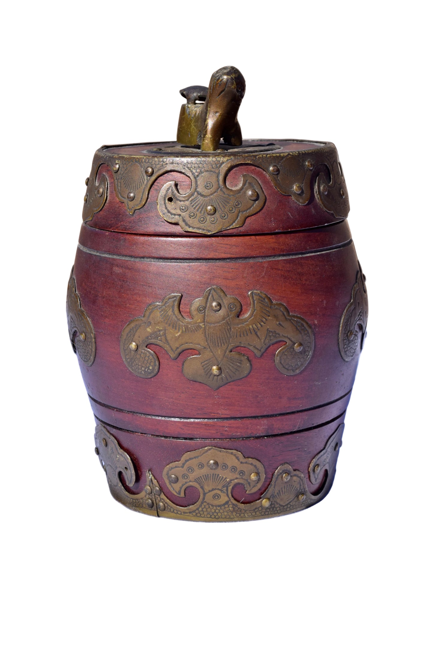 Chinese Mahogany Barrel Box with Brass Mounts
