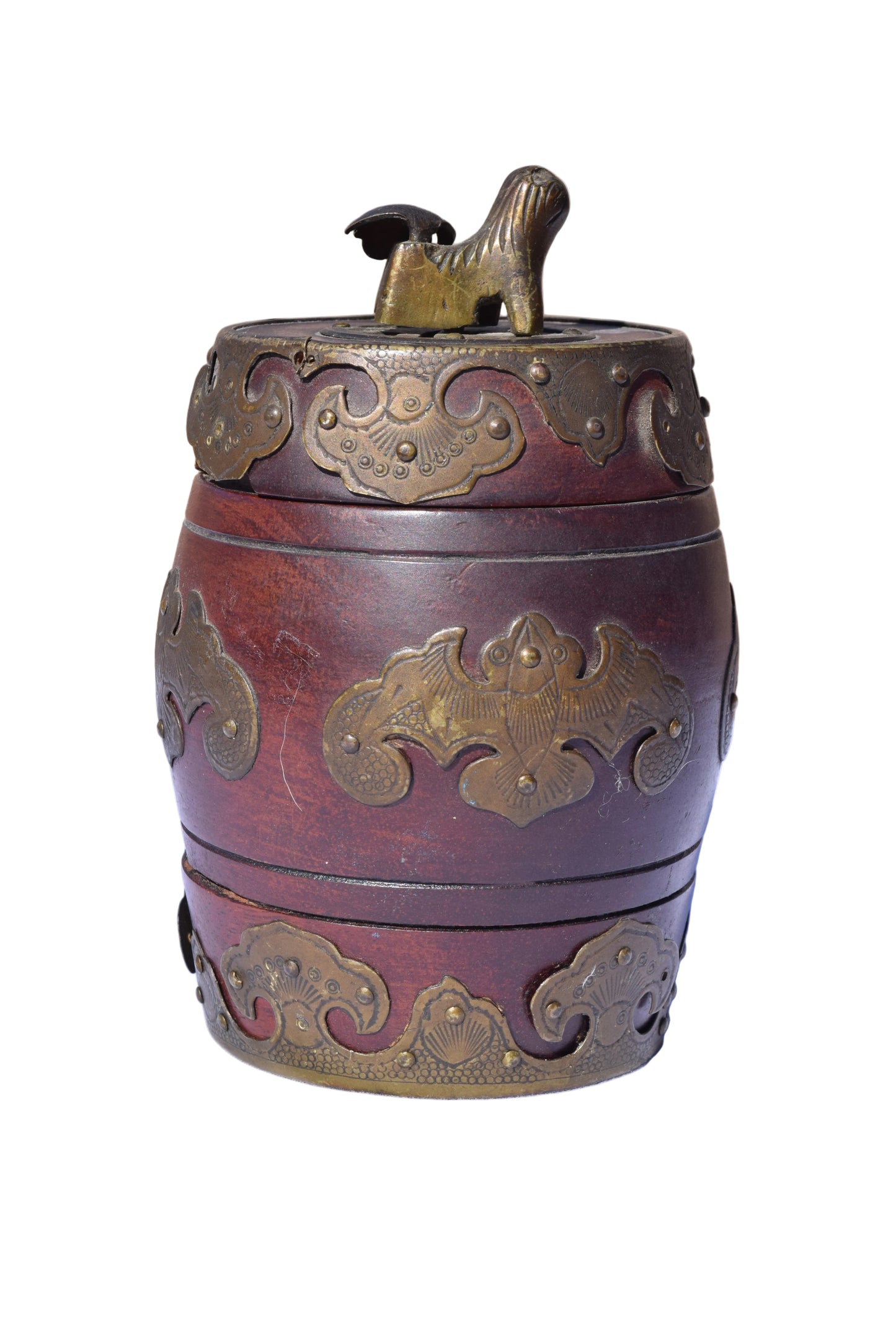 Chinese Mahogany Barrel Box with Brass Mounts
