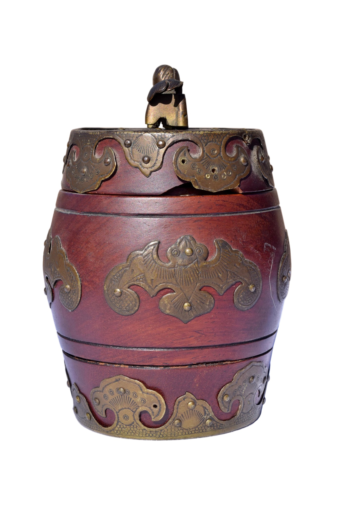 Chinese Mahogany Barrel Box with Brass Mounts