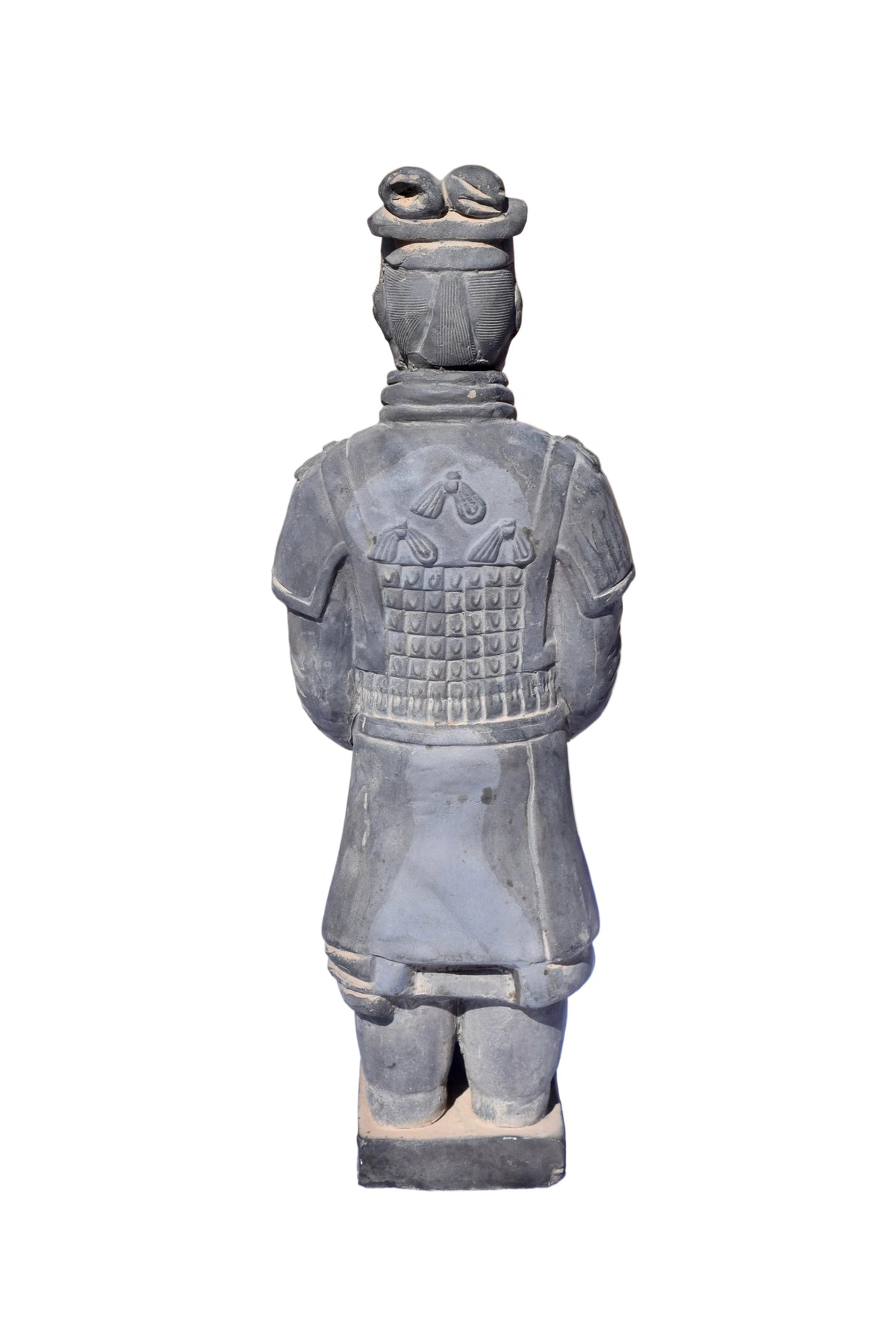 Kendyl's grey terracotta warrior figure, a Qin dynasty style reproduction showing detailed lamellar armor from behind.
