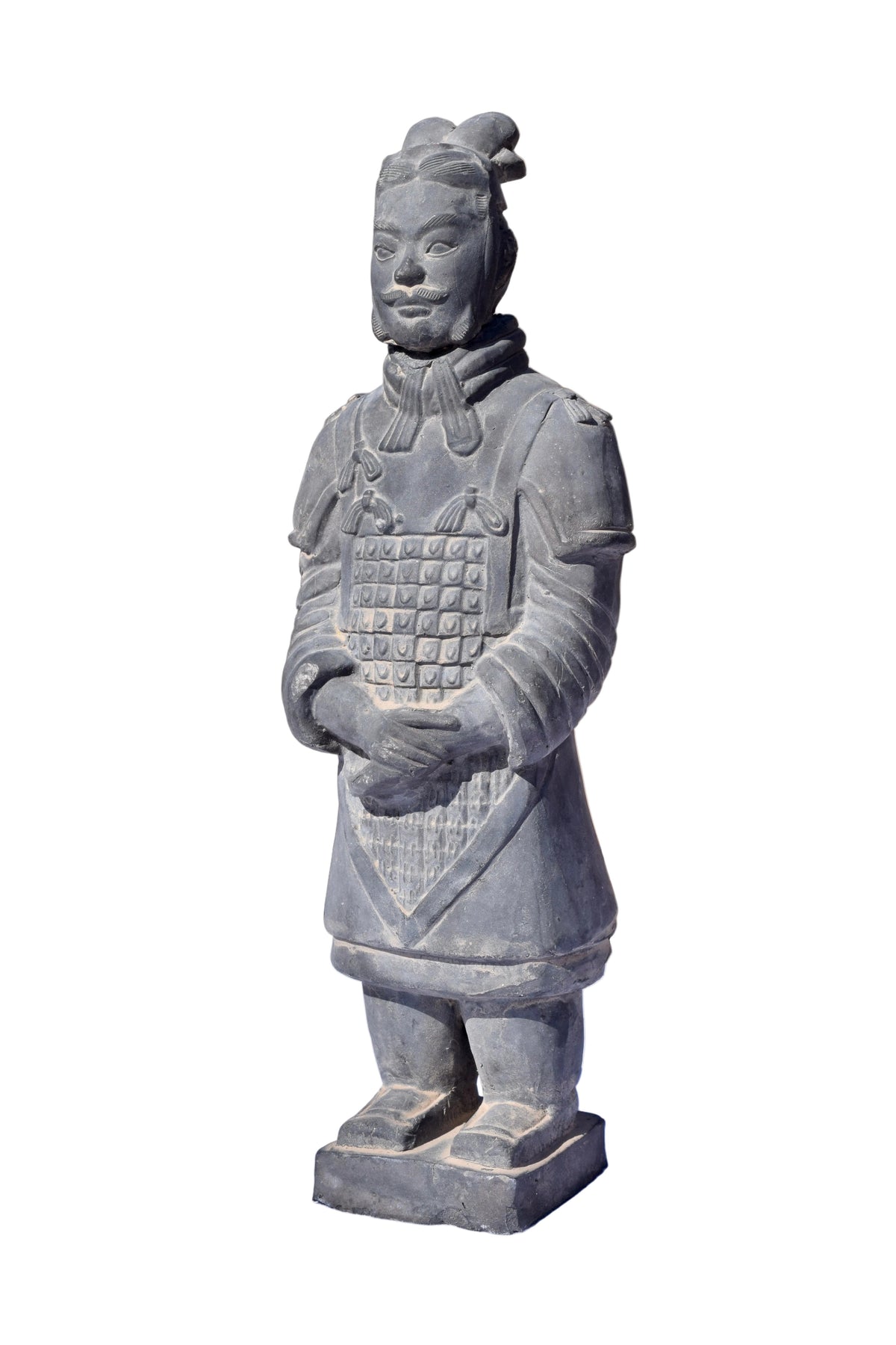 Kendyl's grey terracotta warrior figure in Qin dynasty style with detailed lamellar armor and topknot helmet.
