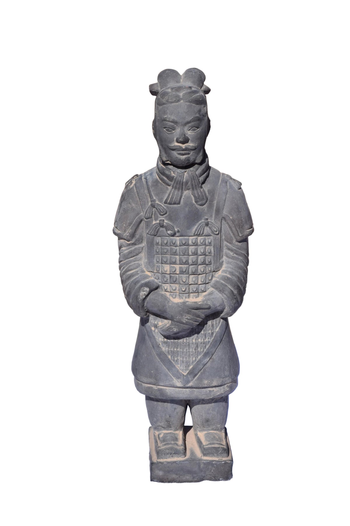 Kendyl's grey terracotta warrior figure reproduction in Qin dynasty style with detailed lamellar armor and topknot.