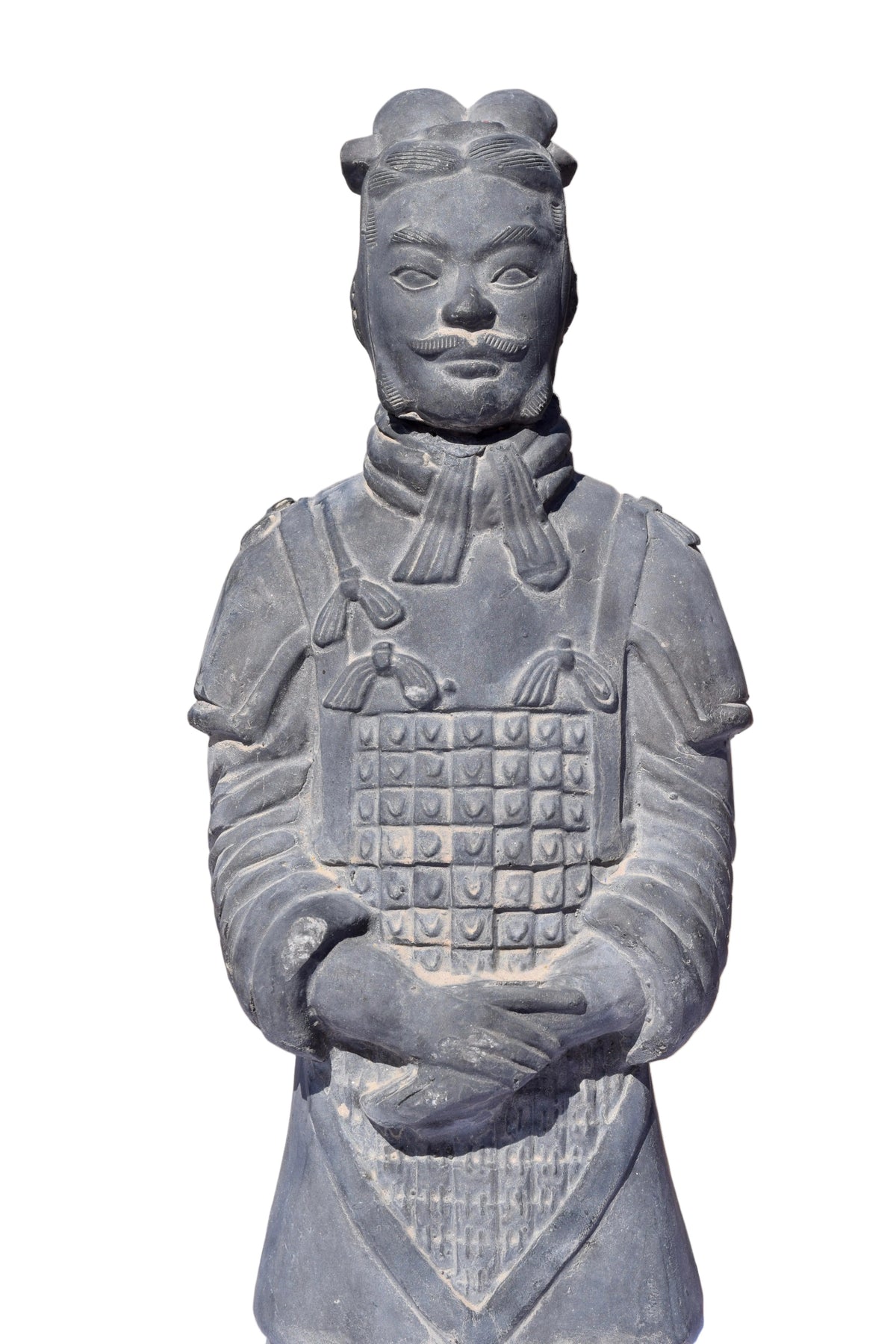 Kendyl's grey terracotta warrior figure reproduction in Qin dynasty style with detailed lamellar armor and topknot.