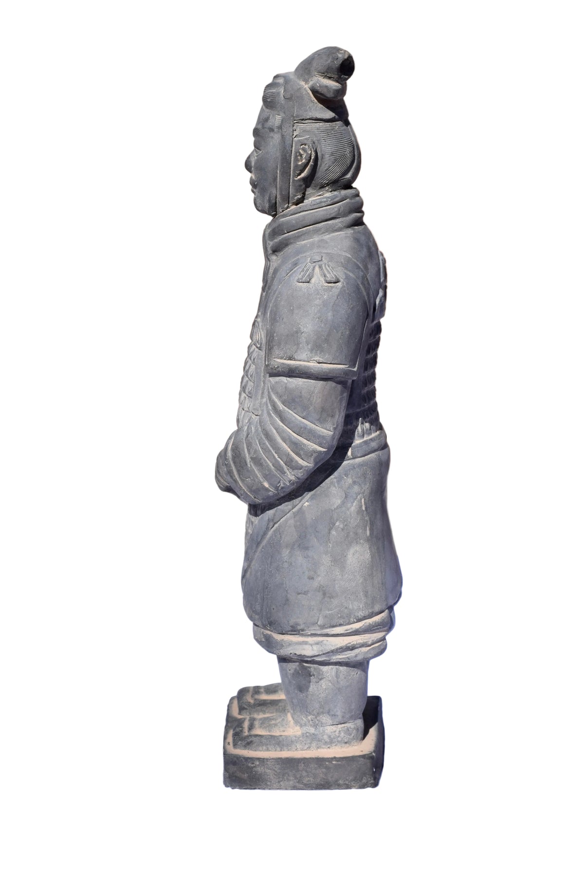 Kendyl's grey terracotta warrior figure in Qin dynasty style, featuring detailed lamellar armor and a topknot helmet.