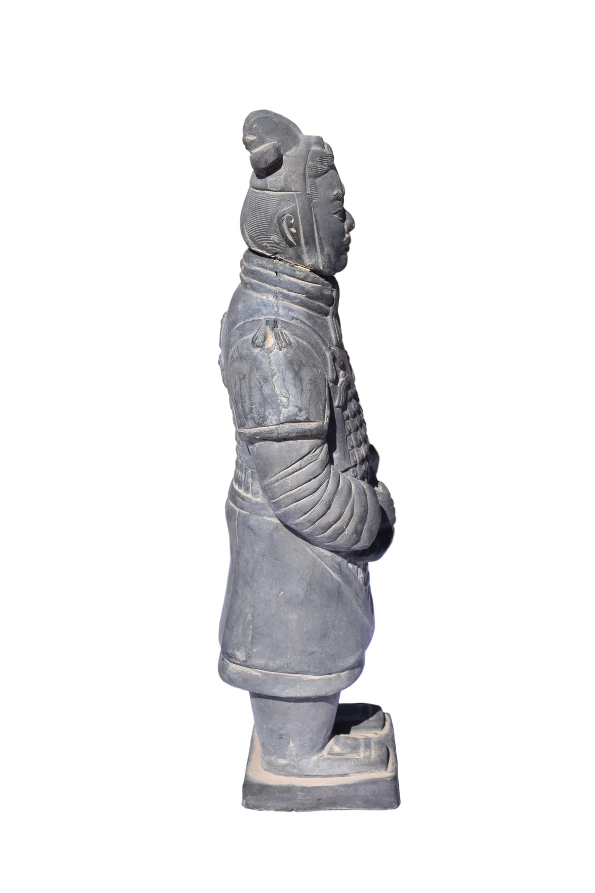 Kendyl's grey terracotta warrior figure in Qin dynasty style with detailed lamellar armor, side profile view.