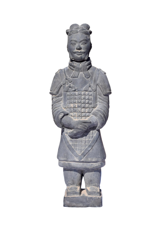 Kendyl's grey terracotta warrior figure in Qin dynasty style with detailed lamellar armor and topknot helmet.